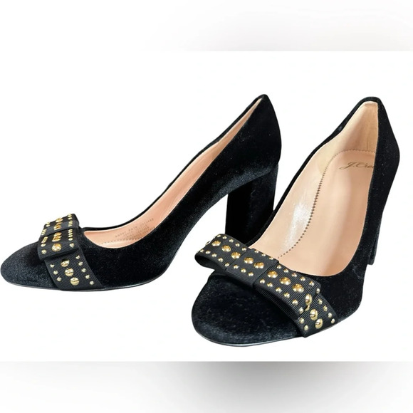 J. Crew Plush Velvet Gold-Studded Bow Rounded Toe Block Heels - Picture 3 of 7